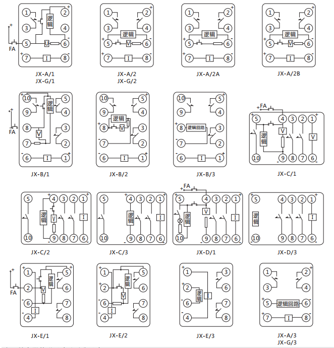 JX-C/1靜態(tài)信號(hào)繼電器內(nèi)部接線(xiàn)及外引接線(xiàn)圖（正視圖）